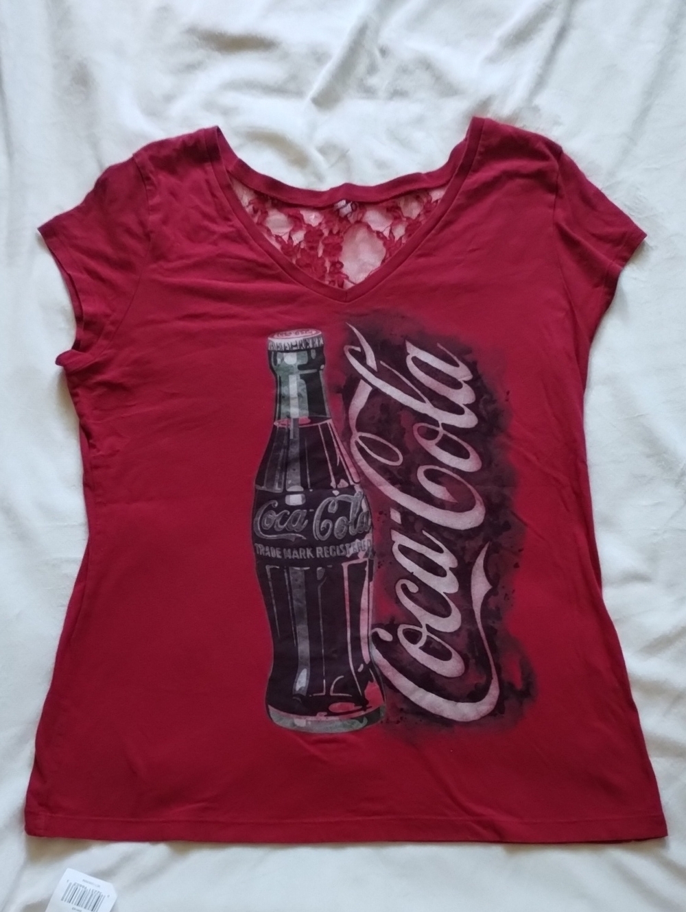 Coca Cola Women's Deep Red V‑Neck Graphic Tee with Lace Inset
